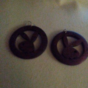 Vintage 1970s Playboy Bunny Brown Round Wooden pierced earrings